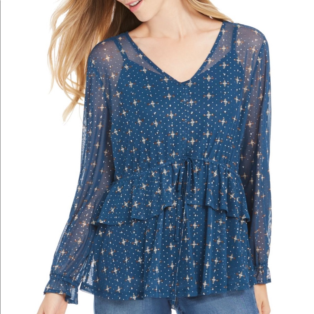 Teal Metallic Mesh Boho Style Tiered Ruffled Top